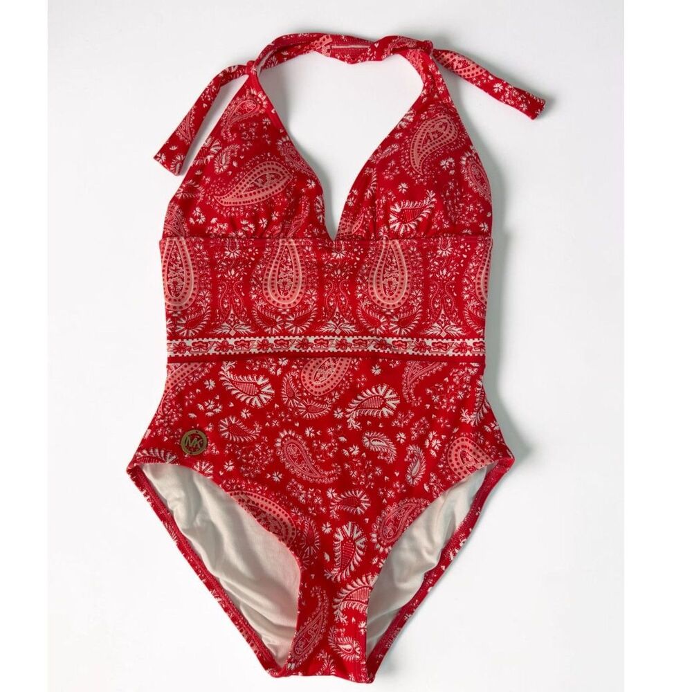 NWT Michael Kors Red Paisley Bandana One Piece Swimsuit Halter Monokini 6 eBay (